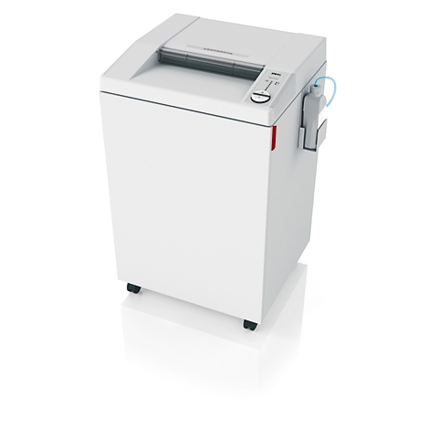 Weißer Aktenvernichter, rechteckig, Bedienfeld, Auffangbehälter, auf Rollen.