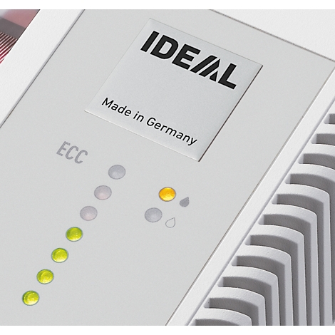 Detailaufnahme einer weißen Steuereinheit mit Leuchten, dem Schriftzug IDEAL und dem Hinweis "Made in Germany".