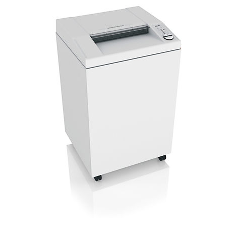 Weißer Aktenvernichter, rechteckig, auf Rollen, Papiereinzug oben, Bedienfeld rechts.