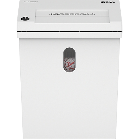 Weißer Aktenvernichter, oben mit Eingabefach, darunter ein Auffangbehälter mit Sichtfenster.