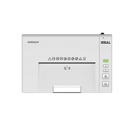 Weißer Aktenvernichter. Oben steht SHREDCAT. Rechts sind Knöpfe und ein grünes Licht zu sehen.