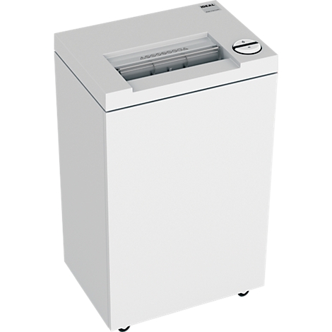 White angle paper shredder, paper feed, control panel and manufacturer's logo. Black rollers at the bottom.