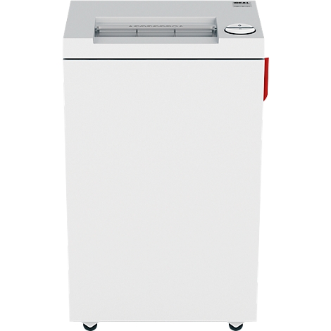 White paper shredder with paper feed, top right. A red handle on the side.