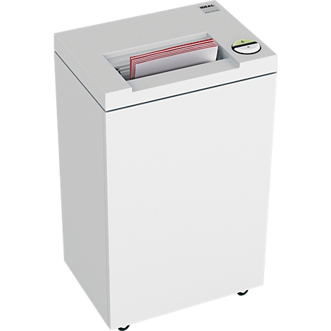 White paper shredder. Top feed slot for paper. Red and white sheets are in the slot. A green button is on the top.