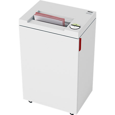 White paper shredder with paper being inserted. The on/off switch is outlined in green.