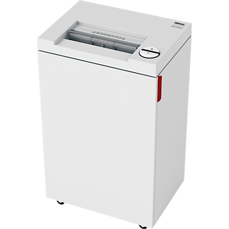 White paper shredder with paper feed. Controls are on top. A red handle is on the side.