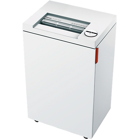 White paper shredder. Top input for paper, next to it operating buttons, red stripe on the side.