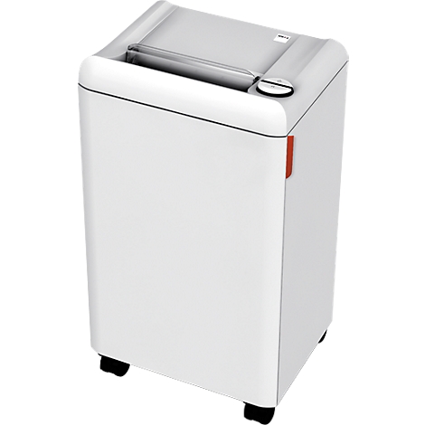White paper shredder with gray top, red handle, and black wheels.
