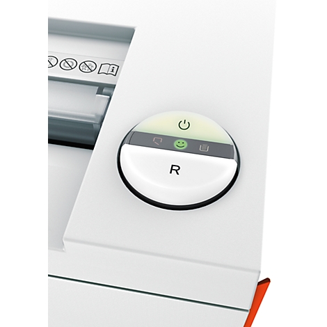 Close-up of a white printer control panel with a round, illuminated button featuring an "R" and various symbols.