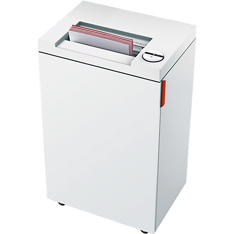 White paper shredder, paper being inserted.
