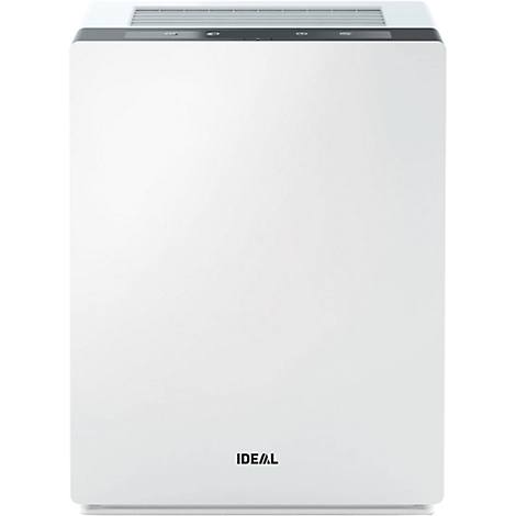 White air purifier with the inscription IDEAL. Black stripe with controls on the top.