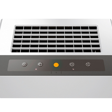 Close-up of a white air purifier with controls. Gray strip with buttons and indicator lights. Grille on top.