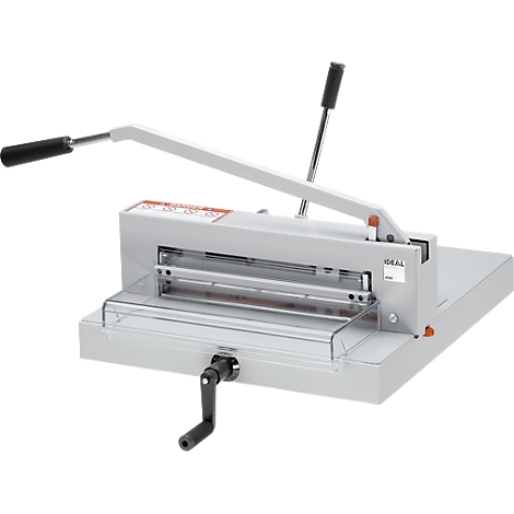 Gray, professional paper cutter, lever and crank black, transparent protective device, brand IDEAL.