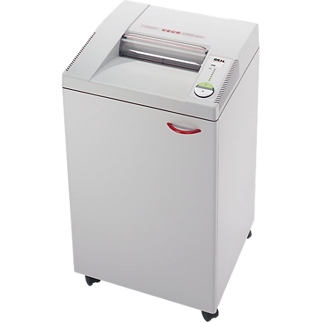 A white shredder, the brand IDEAL. The feed opening is at the top. A red handle on the side.