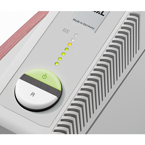 Detailopname van een elektronische machine met groen oplichtende indicatoren en een bedieningspaneel met een knop en ventilatiesleuven.