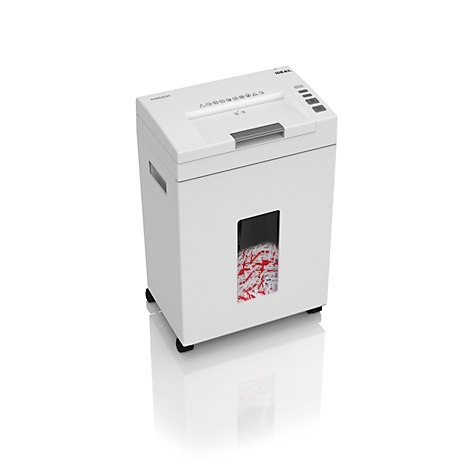 Witte papierversnipperaar, versnipperd papier zichtbaar. Bedieningspaneel met knoppen rechts. Logo: IDEAL.