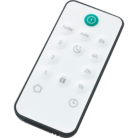 Télécommande blanche avec boutons ronds, interrupteur marche/arrêt et diverses fonctions.