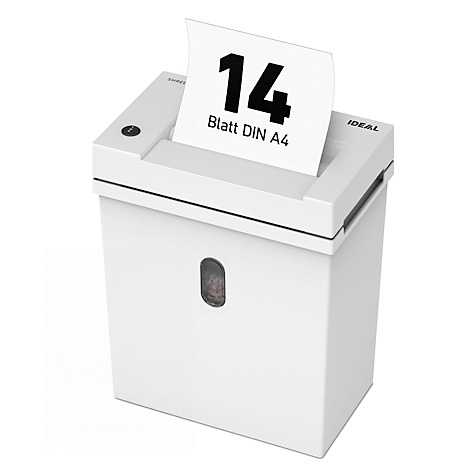 Witte papierversnipperaar, een vel papier met het nummer 14 en de tekst "Blatt DIN A4" wordt versnipperd.