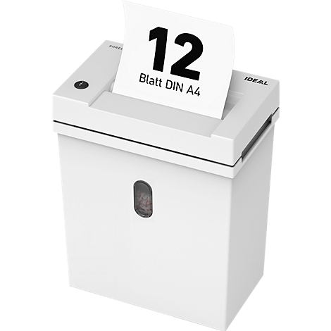 Witte papierversnipperaar, een vel papier met de tekst "12 Blatt DIN A4" wordt ingevoerd.