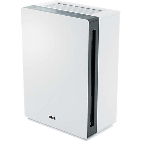 Witte luchtreiniger met grijze accenten en het opschrift "IDEAL".