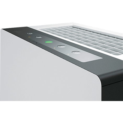 Detail van een witte luchtreiniger met bedieningsknoppen en een groen controlelampje.