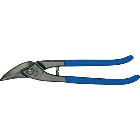 Metalen schaar met blauwe handvatten. De schaar staat open.