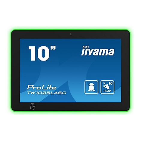 Tablette noire avec cadre vert, écran 10 pouces et logos iiyama et ProLite. Inscription : TW1025LASC.
