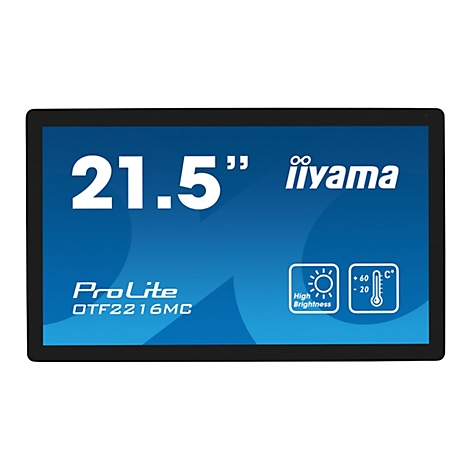 Un écran rectangulaire avec un fond bleu. Sur l'écran, l'inscription "21,5 pouces" et le logo "iiyama" sont visibles en blanc. En bas, on peut lire "ProLite DTF2216MC".