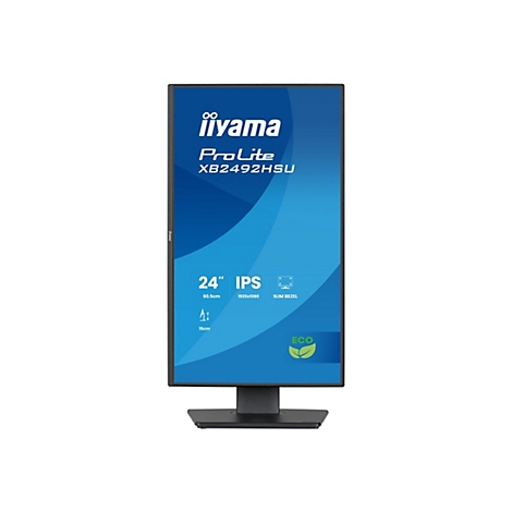 Un moniteur iiyama ProLite XB2492HSU noir sur fond bleu. iiyama, ProLite, XB2492HSU sont écrits en haut. En dessous se trouvent des spécifications telles que 24" IPS et 1920x1080.