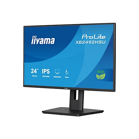 Un moniteur iiyama ProLite XB2492HSU noir. L'écran affiche un arrière-plan bleu avec des marquages blancs et des informations sur le produit.