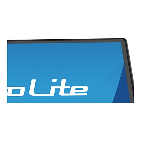 Gros plan d'un écran avec un fond bleu et l'inscription blanche "o Lite".