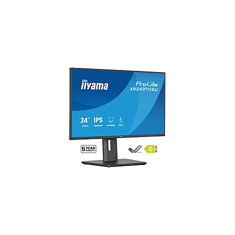 Un moniteur iiyama ProLite XB2497H5U noir avec un fond bleu. Spécifications techniques: 24" IPS, résolution 1920x1080, 75Hz, 5 ans de garantie et efficacité énergétique C.