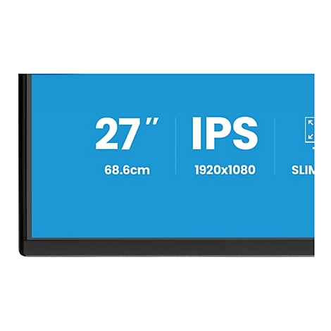 Un moniteur de 27 pouces avec un écran bleu affichant les spécifications techniques : IPS, résolution 1920x1080, 68,6 cm.