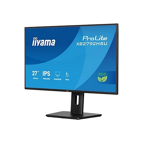 Un moniteur noir iiyama ProLite XB2792HSU. L'écran affiche des graphiques bleus avec du texte blanc, notamment "iIyama", "ProLite" et des spécifications.