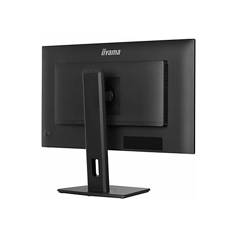 L'écran noir à l'arrière affiche le logo iiyama. La conception du moniteur présente un cadre carré fixé à un bras réglable.