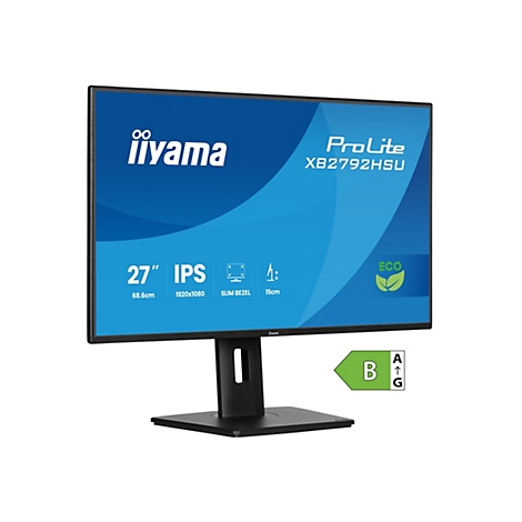 Un moniteur iiyama ProLite noir sur fond blanc. Les spécifications techniques sont sur l'écran. Une étiquette d'efficacité énergétique se trouve en bas à droite.
