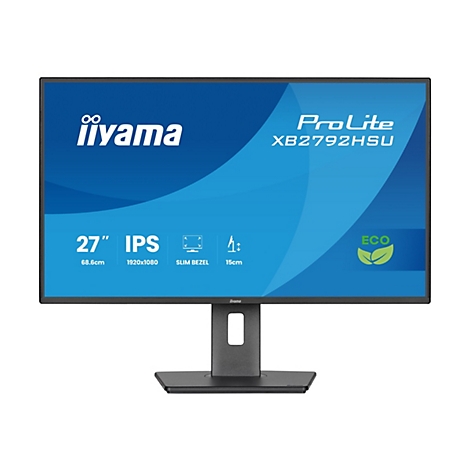 Un moniteur noir avec "iiyama ProLite XB2792HSU". En dessous, des détails comme 27", IPS et Slim Bezel. Le produit a un pied noir.