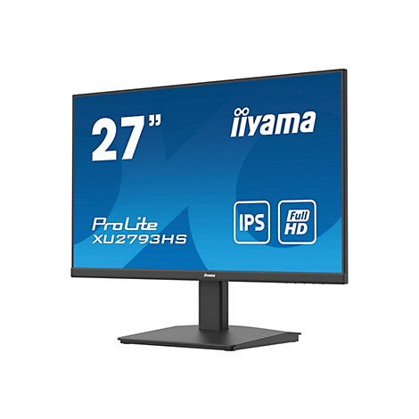 Un moniteur iiyama noir avec un écran bleu affichant 27 pouces et Full HD. En dessous, ProLite XU2793HS.
