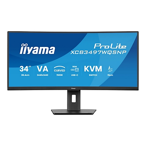 Un moniteur iiyama ProLite noir incurvé. Des informations sont visibles sur l'écran.