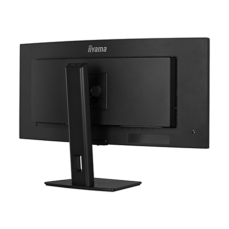 Vue arrière d'un moniteur iiyama noir posé sur un fond blanc. Le moniteur est fixé à un support portant le logo iiyama.