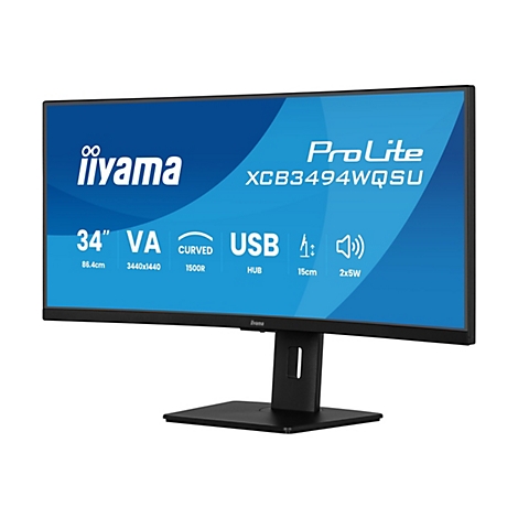 Un moniteur iiyama ProLite XCB3494WQSU incurvé noir. Il a un socle noir et un fond d'écran bleu avec du texte blanc.