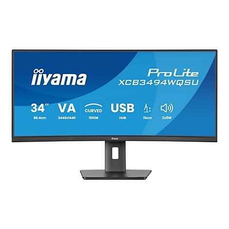 Un moniteur incurvé iiyama ProLite avec les spécifications 34 pouces, VA, USB, 86,4 cm, 3440x1440, 1500R et 2x5W.