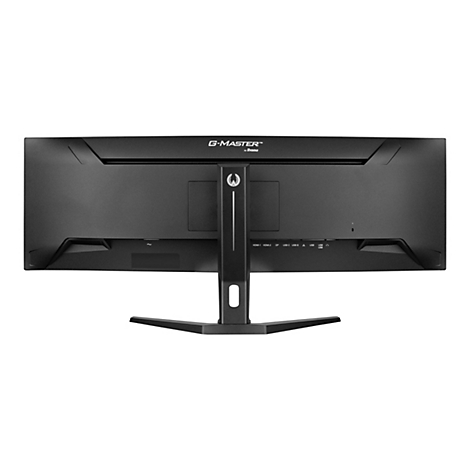 Moniteur noir avec pied. "G-MASTER" de iiyama est en haut. Les connecteurs sont situés sous l'écran.
