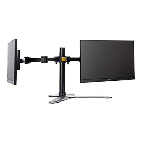 Zwei schwarze Monitore an einem Monitorarm vor weißem Hintergrund. Der Arm ist schwarz und hat eine silberne Basis.