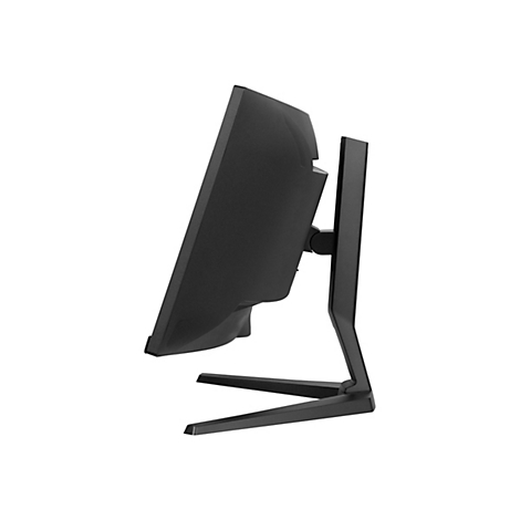 Moniteur noir de profil, avec support. L'écran est légèrement incliné.