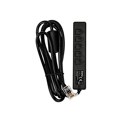 Schwarze Steuerung mit Kabel und RJ45-Stecker, Markenlogo und CE-Zeichen, vor weißem Hintergrund.