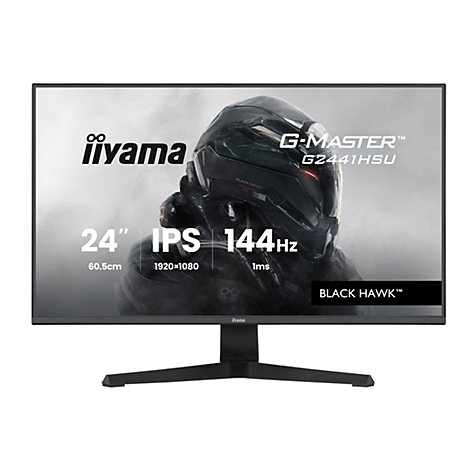 Ein schwarzer iiyama G-MASTER G2441HSU Monitor mit Branding, der vor einem dunklen Hintergrund abgebildet ist. Der Monitor zeigt Informationen wie Größe, Auflösung und Bildwiederholfrequenz.