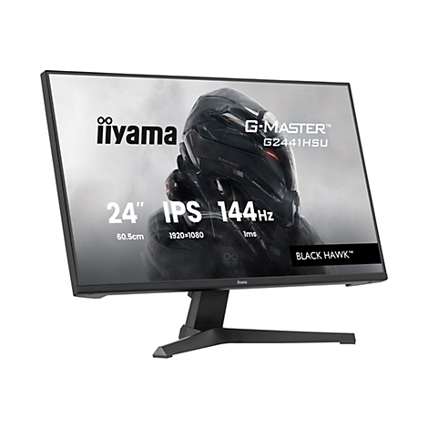 Ein schwarzer iiyama G-Master Monitor, der vor weißem Hintergrund steht. Auf dem Bildschirm sind Informationen zu sehen: 24", IPS, 144Hz, 60,5cm, 1920x1080, 1ms. Auf dem Bildschirm ist ein Helm-Design zu sehen.