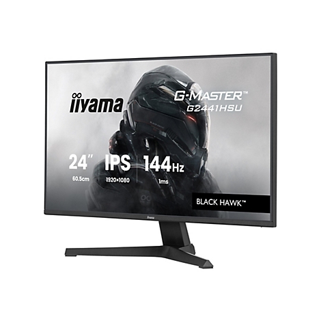 Der iiyama G-Master G2441HSU Monitor wird im 3/4 Winkel vor weißem Hintergrund gezeigt. Er hat eine Diagonale von 24 Zoll, IPS, 144 Hz und 1ms.