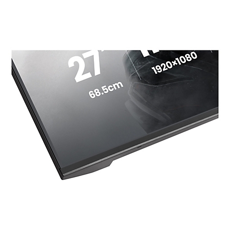 Nahaufnahme eines schwarzen 27-Zoll-Monitors mit den Angaben 1920x1080 und 68,5cm.